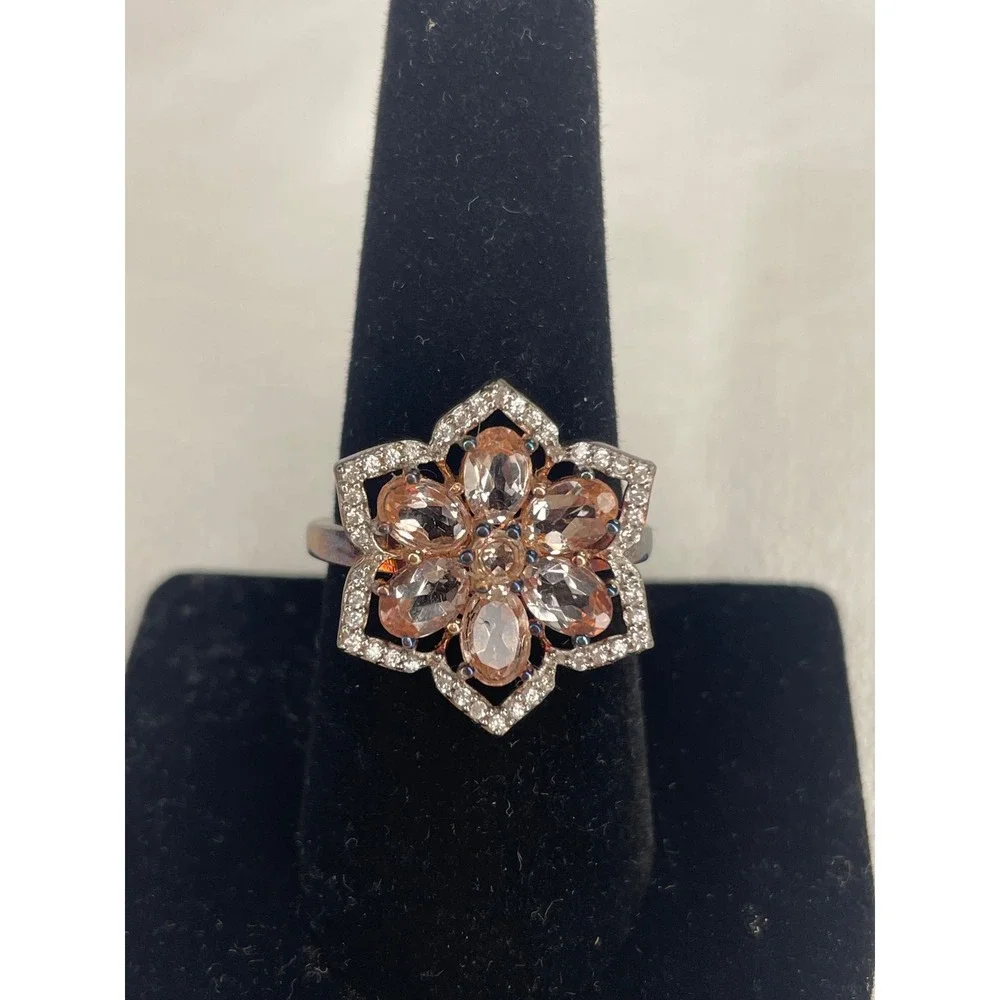 Champagne Crystal Flower Cocktail Ring Silver Tone Hexagon Statement Size 8